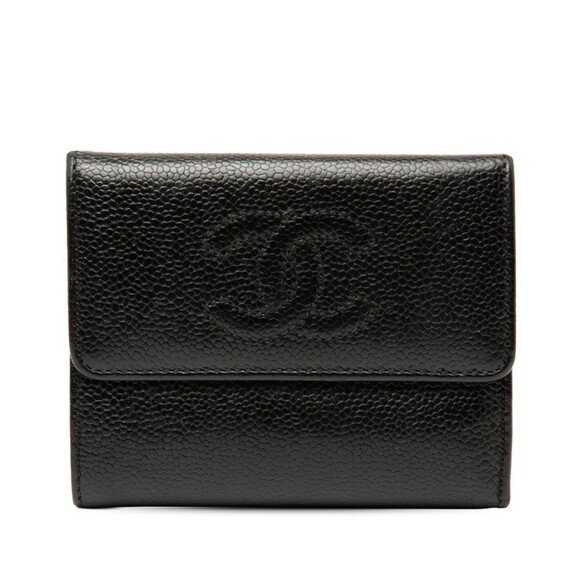 CHANEL Authentic Black Caviar Leather Logo Wallet